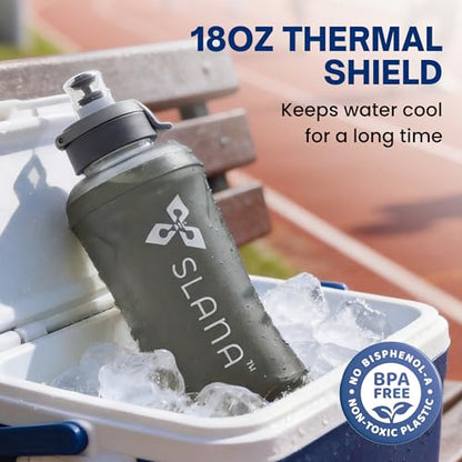 Handheld Running Water Bottle 18 oz – Grip-Free Collapsible Water Bottles for Running with Adjustable Strap & Thumbhole, Expandable Phone Pocket, Race Cap for One-Hand Drinking - color: Grey