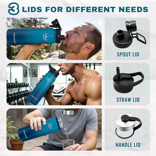 NATURE PIONEOR 24 oz Insulated Water Bottle with Carrier Bag & 3 Lids - color: Malachite Blue, size: 24 Ounces