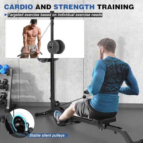 BEKING Foldable Rowing Machine,Adjustable LAT Pull Down & Low Row Cable Machine with Weight Plates,2 in 1 Multi-Function Compact Rowing Machine with High/Low Pulley Stations