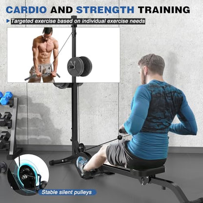 BEKING Foldable Rowing Machine,Adjustable LAT Pull Down & Low Row Cable Machine with Weight Plates,2 in 1 Multi-Function Compact Rowing Machine with High/Low Pulley Stations