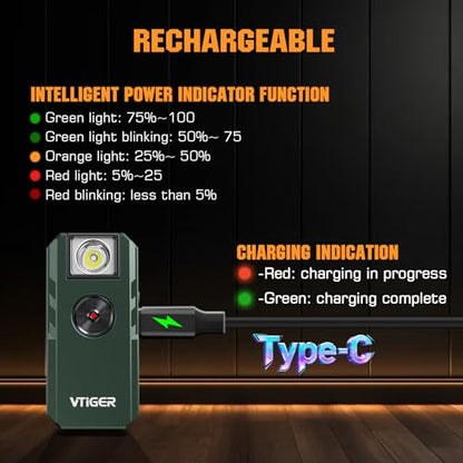 VTIGER C1 Rechargeable EDC Flashlight Clip-on Light, 1300 Lumens Powerful Portable Mini Swivel Clip Light,Multi-Mode,IPX6 Waterproof, Magnetic Small Pocket Lights for Cycling,Working,Emergency,Signal - color: OD Green