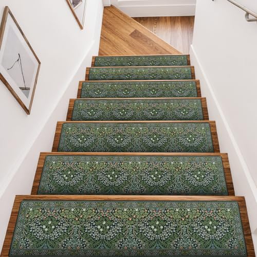 OJIA Non-Slip Stair Runner for Wooden Steps Indoor 15PC 30"x8" Stair Treads - color: Green-Plants, size: 15PCS