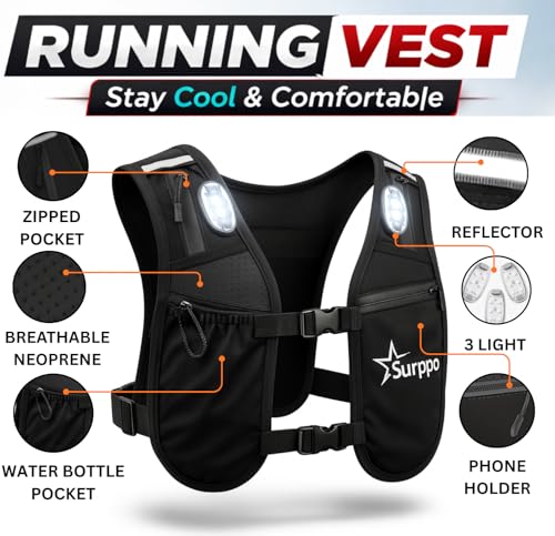 Running Vest for Women and Men, Adjustable Running Vest with Phone Holder, Hydration Vest with 500ml Soft Flask and 3 LED Lights, Reflective Running Backpack for Hiking, Cycling and Running