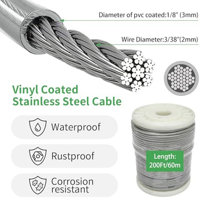 1/8" Wire Cable Rope Kit ，Vinyl Coated 304 Stainless Steel Wire – 200FT - size: 1/8" steel cable 200FT