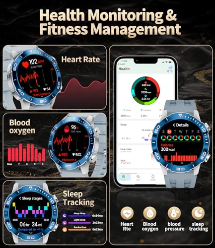 TX7 Luxury Smart Watch for Men, 1.43" AMOLED Display Fitness Tracker, 100+ Sports Mode/Sleep Monitor/IP68 Waterproof Mens Smartwatches, Military Smart Watch for Android iOS, Sliver Blue