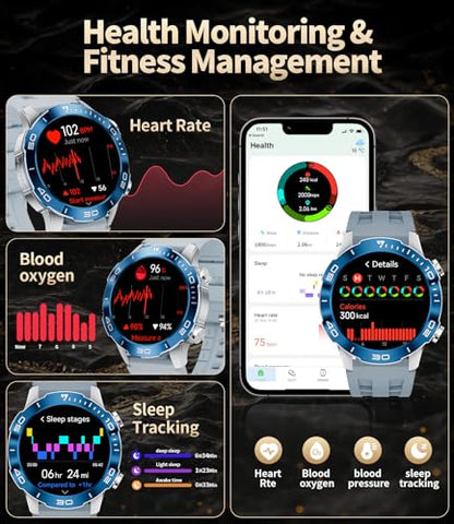 TX7 Luxury Smart Watch for Men, 1.43" AMOLED Display Fitness Tracker, 100+ Sports Mode/Sleep Monitor/IP68 Waterproof Mens Smartwatches, Military Smart Watch for Android iOS, Sliver Blue
