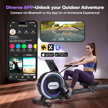 Rowing Machines for Home, 16/32-Level Adjustable Resistance, Magnetic Rowing Machine with App Supported, 350/400 LB Weight Capacity, Upgraded Dual Slide Rails with LCD Data Display Screen - color: Purple