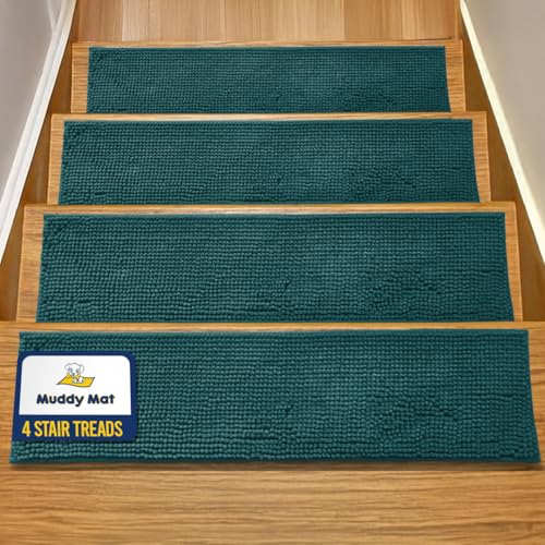 Muddy Mat® Pack of 4 - Soft Chenille Stair Treads Non-Slip Reusable, Super Absorbent Stair Treads for Wooden Steps, Tile & Marble Floor, Easy to Install & Machine Washable - Atlantic Blue 30'' x 7'' - color: Atlantic Blue, size: 30" x 7" - 4 Pack