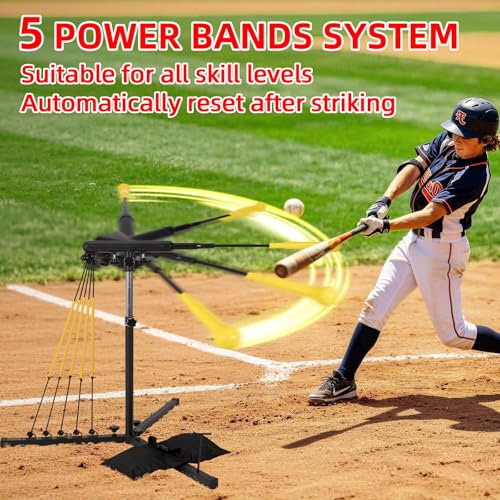 Batting Swing Trainer. 30-42 in Adjustable Baseball Hitting Trainer with 5 Power Band System, 3 Ground Nails, Sandbag, Carry Bag.Baseball Training Equipment for All Ages Improve Swing Skills
