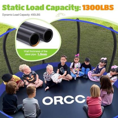 ORCC 16 15 14 12 10 8FT Kids Trampoline, 1300LBS Weight Capacity Trampoline with Basketball Hoop Water Sprinkler Spiral Ground Stakes Outdoor Yard Trampolines for Kids Adults