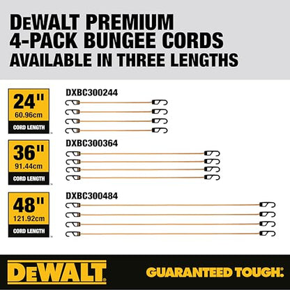 DEWALT 48" Premium Round Bungee Cords, Interlocking Quick-Pull Notch, 4-PK - size: 48"