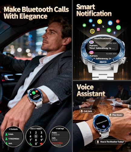 TX7 Luxury Smart Watch for Men, 1.43" AMOLED Display Fitness Tracker, 100+ Sports Mode/Sleep Monitor/IP68 Waterproof Mens Smartwatches, Military Smart Watch for Android iOS, Sliver Blue
