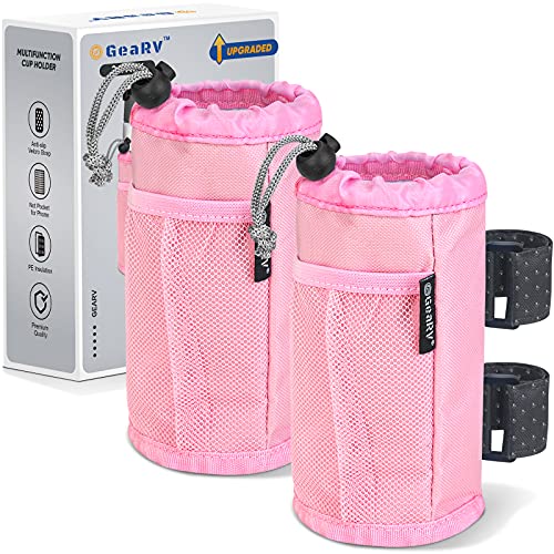 GEARV 2Pack Cup Holder for Bike, Scooter and Wheelchair, Water Bottle Holder for UTV/ATV, Walker, Golf Cart and Beach, Universal Drink Holder Accessories with Net Pocket and Cord Lock (Pink) - color: Pink