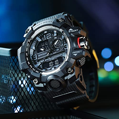 AIMES Men's Watches Sports Outdoor Waterproof Military Watch LED Date Alarm Stopwatch Multi-Function Tactics Big Face Wristwatch for Men - color: 3133-Black