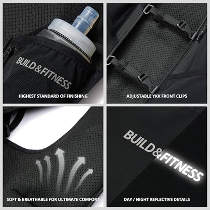 Build & Fitness LITEVEST Running Vest with 2X 500ml Soft Flasks – 7 Pockets, Lightweight, Breathable Hydration Vest – Premium, Secure, Comfort & Style for Training, Trails, Marathons & Everyday Runs - size: S / M