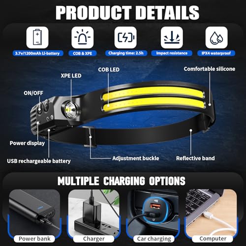 Rechargeable Headlamps 12 Pack, LED Headlight 230° Ultra Wide Beam, 6 Modes Waterproof Head Lamp, Hands-Free Forehead Light for Camping, Hiking, Running, Outdoor Gear