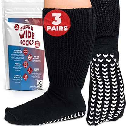 3 Pairs Extra Wide Socks for Swollen Feet - Non Slip Diabetic Socks for Men, Hospital Use - color: Black