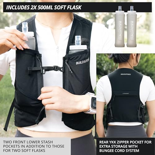 Build & Fitness LITEVEST Running Vest with 2X 500ml Soft Flasks – 7 Pockets, Lightweight, Breathable Hydration Vest – Premium, Secure, Comfort & Style for Training, Trails, Marathons & Everyday Runs - size: L / XL