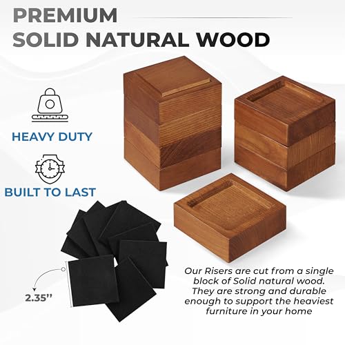 Bed Risers, Furniture Risers (Set of 8-Height 1") Can be Adjusted to 2'' 3''or 4'', Lifts Furniture Risers, Solid Natural Wood Risers, Non-Slip Recessed Hole (Square-Light Brown Color) - color: Square-light Brown Color