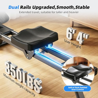 RAMXE Rowing Machine for Home，Magnetic Rowing Machine with 16 Levels，Rower Machine of Quiet Resistance，Foldable Exercise Equipment，Dual Slide Rail with Max 350lbs Weight Capacity，App Compatible