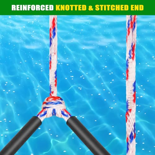 Dolibest 75FT Floating Water Ski Rope with Comfortable Handle, 4-Section Adjustable Wakeboard Tow Rope for Wakeboarding,Waterskiing,Kneeboarding & Tubing, 1600LB Strength & Reinforced End - color: White + Red + Blue (with Foam)