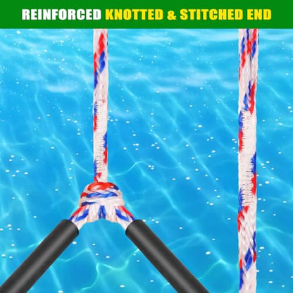 Dolibest 75FT Floating Water Ski Rope with Comfortable Handle, 4-Section Adjustable Wakeboard Tow Rope for Wakeboarding,Waterskiing,Kneeboarding & Tubing, 1600LB Strength & Reinforced End - color: White + Red + Blue (with Foam)