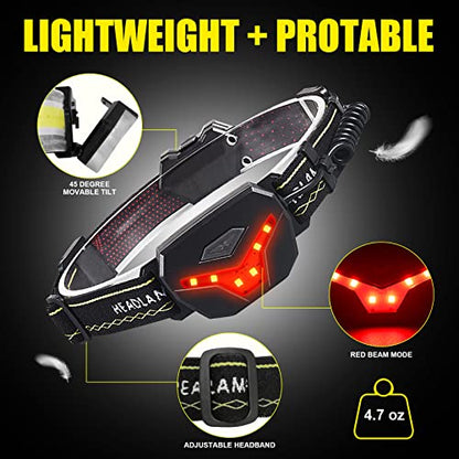 EXIN DECHEN LED Headlamp Rechargeable, 1200 Lumen Super Bright Headlamp Flashlight, 270° Wide Beam LED Headlamps with Red Taillight, 8 Mode Lightweight Waterproof Head Lamp