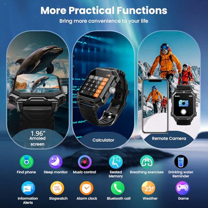 Smart Watch for Men (Answer/Make Call) 1.96" Military Smartwatch 680mAh Battery IP69 Waterproof Smart Watches Fitness Activity Tracker With Blood Pressure Heart Rate Sleep Monitor for Android Phones