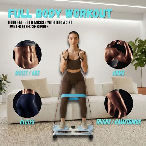 Ultra-Quiet Waist Twisting Exercise Bundle - Ab Twister Board With 2 Resistance Bands, 1 Length Adjustable Jump Rope, an Automatic Waist Measuring Tool and Workout Guide - Made with ABS/PP Plastic Foot Pedals and a Steel Base - High Durability - Workout B