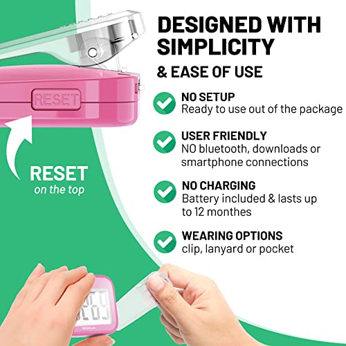 NESKLA 3D Pedometer, Simple Step Counter with Large LCD Display for Walking - color: Pink