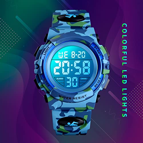 Dayllon Kids Digital Watch Boys Outdoor Sports 50M Waterproof Girls Watches Alarm Clock 12/24 H Stopwatch Calendar for Ages 3-15 Boy Girl Wristwatch Kids Gift - color: Camo Light Blue X( 8-15 Year Old)