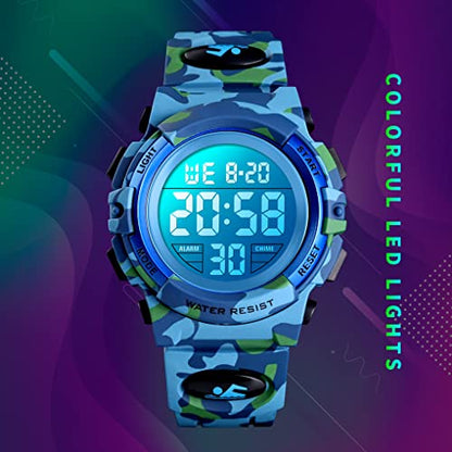 Dayllon Kids Digital Watch Boys Outdoor Sports 50M Waterproof Girls Watches Alarm Clock 12/24 H Stopwatch Calendar for Ages 3-15 Boy Girl Wristwatch Kids Gift - color: Camo Light Blue X( 8-15 Year Old)