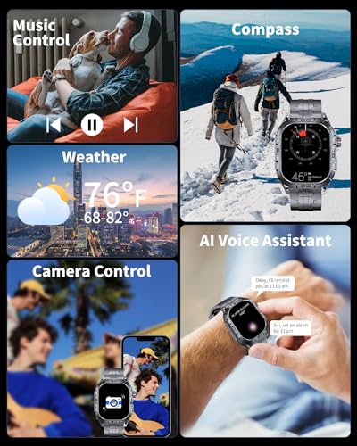 Military Smart Watch for Men(Answer/Make Call), 1.96'' AMOLED Outdoor Smartwatch with Compass/Heart Rate/Sleep Monitor/100+ Sport Modes/IP68 Waterproof for iPhone/Android Phones, 2 Straps