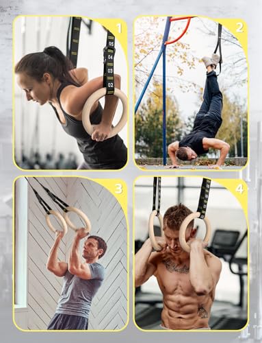 GHB Gymnastic Rings Wooden Gym Rings 1.25" - style: 32mm Rings & Carabiner Numbered Straps Set