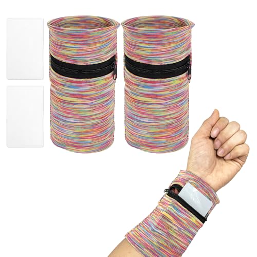 Wrist Pouch, Wrist Wallet Wristband with PVC Card Pouch Zipper Wristband Sports Sweatbands for Men and Women - color: Rainbow Stripes