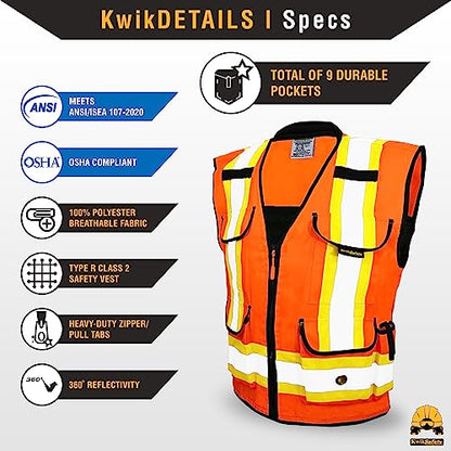 KwikSafety GODFATHER Safety Vest Class 2 & Class 3 ANSI OSHA Hi Vis Vest - color: Orange, size: Large