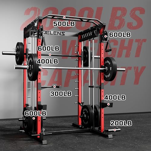 JELENS M21 Smith Machine, Multi-Function Power Cage with Dual Pulley Cable Crossover System, 2000LBS All-in-One Squat Rack with Smith Bar and Attachments - color: Red, size: M21 Smith Machine