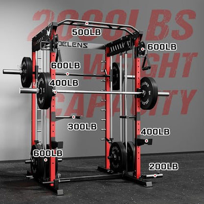 JELENS M21 Smith Machine, Multi-Function Power Cage with Dual Pulley Cable Crossover System, 2000LBS All-in-One Squat Rack with Smith Bar and Attachments - color: Red, size: M21 Smith Machine