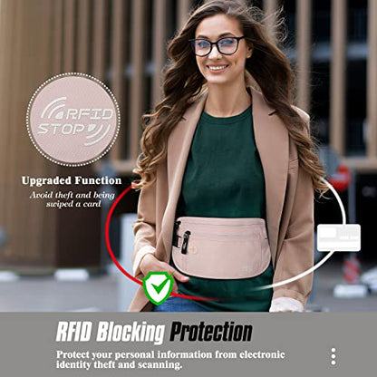 MoKo Travel Money Belt with RFID Blocking, 3 Pockets, Pink - color: Pink, size: Waist for 28"-50"