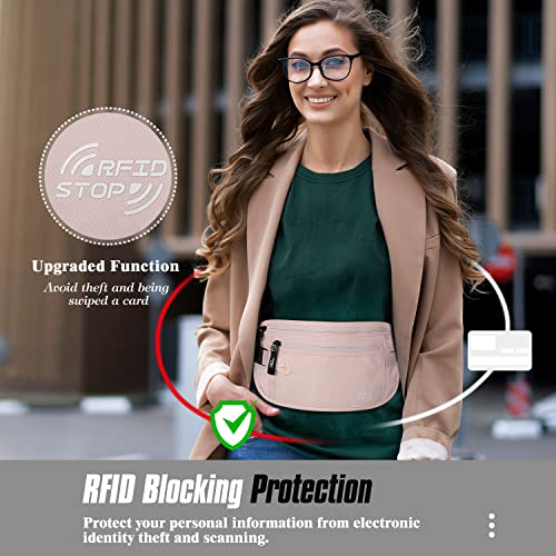 MoKo Travel Money Belt with RFID Blocking, Hidden Slim Wallet, Pink - color: Pink, size: Waist for 24"-38"