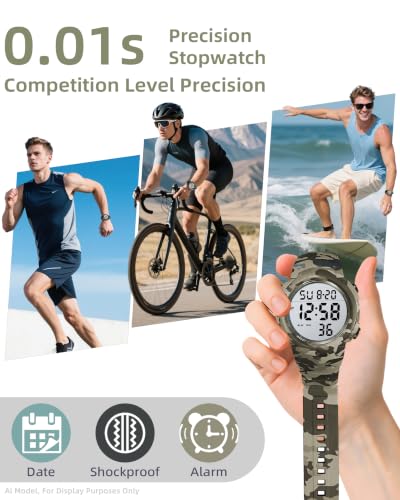 CakCity Digital Watch Mens, Waterproof Sport Wristwatch, Referee Stopwatch - color: Green Camouflage