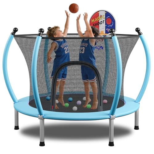 55/60" Trampoline for Kids, 4.5/5 FT Toddler Trampoline with Enclosur Net, Basketball Hoop & Sandbag, 440 LBS Capacity, Adjustable Height，Gifts for Ages 3-12 Boys & Girls - color: Blue, size: 60x60x55 IN
