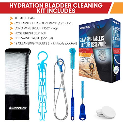 Reservoir Hydration Bladder Cleaning Kit - 6-In-1 Water Reservoir Cleaning Kit Of 3 Brushes, Collapsible Frame, (12) Cleansing Tablets & Carry Pouch - Cleaner Set For Back Pack Bladder