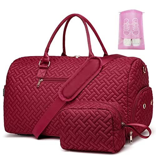 Duffle Bag for Travel, Weekender Bag with Shoe Compartment, Carry On Overnight Bag for Women with Toiletry Bag, Gym Bag with Wet Pocket, Hospital Bags for Labor and Delivery Burgundy - color: Burgundy