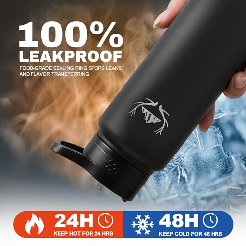 NATURE PIONEOR 24 oz Insulated Water Bottle with Carrier Bag & 3 Lids - color: Black, size: 24 Ounces