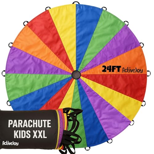 Activejoy - Parachute for Kids - 8ft /12ft / 16ft / 20ft / 24 ft / 30ft - Rainbow Parachute Toy with Handles - Great for Gym Class, Field Day & Outdoor Games - size: 24FT - 24 HANDLES