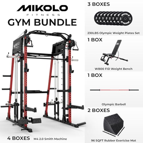 Mikolo M4 2.0 Smith Machine, 2200lbs Squat Rack with LAT-Pull Down System & Cable Crossover Machine, Training Equipment with Leg Hold-Down Attachment - color: Red, size: 96 Sqft Training Solution