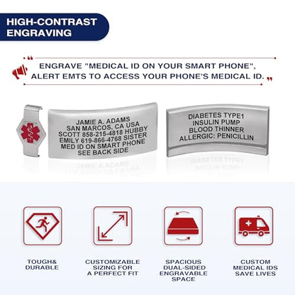 Divoti Custom Dual-Sided Engraved Silicone Medical Alert ID Wristband w/Security Clasp & Trim-to-Fit Band - Style - color: True Black / Brushed Stainless Silver / Red, size: Band Width - 19mm