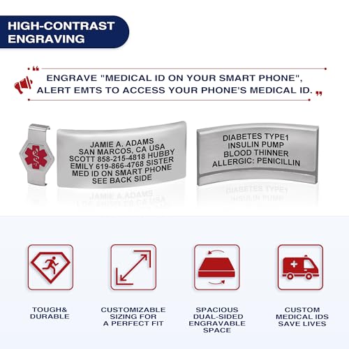 Divoti Custom Dual-Sided Engraved Silicone Medical Alert ID Wristband w/Security Clasp & Trim-to-Fit Band - Style - color: Carmella Blue / Brushed Stainless Silver / Red, size: Band Width - 19mm