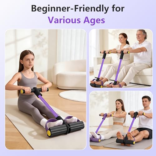 Pedal Resistance Band with Handle, 6-Tube Natural Rubber Exercise Bands - color: Black & Purple